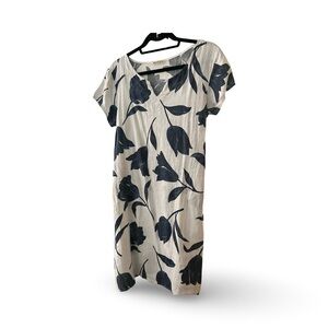 Linen 100% Cotton Navy and White Flutter Sleeve Tulip Print Knee Length Sundress